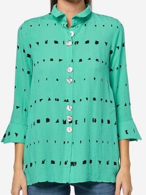 Like New Ali Miles Button Front A-Line Top Aqua Green Black Size 3X